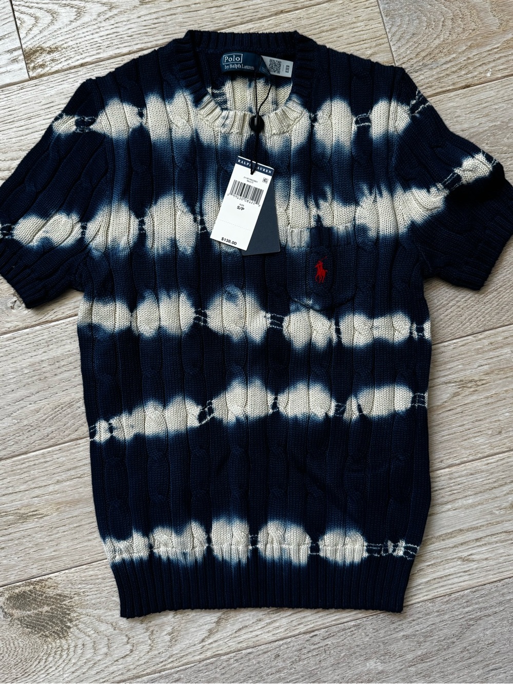 NWT Ralph Lauren Navy & White Tie-Dye Short Sleeve sweater with Red Polo Logo